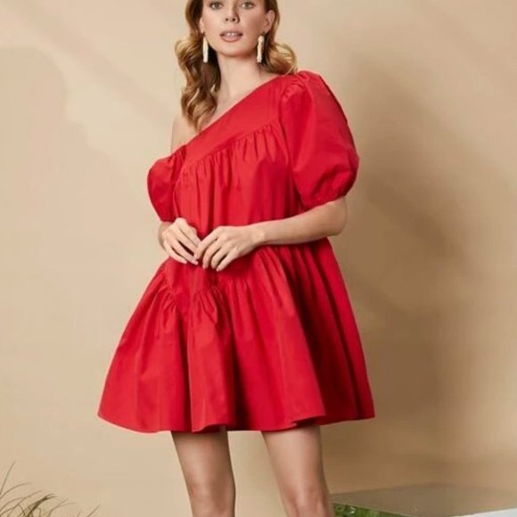 Puff Sleeve Ruffle Hem Asymmetrical Neck Smock Dress Red - Picture 2 of 8